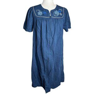 Go Softly Patio Blue Embroidered Denim Dress Small Zip Front Short Sleeves
